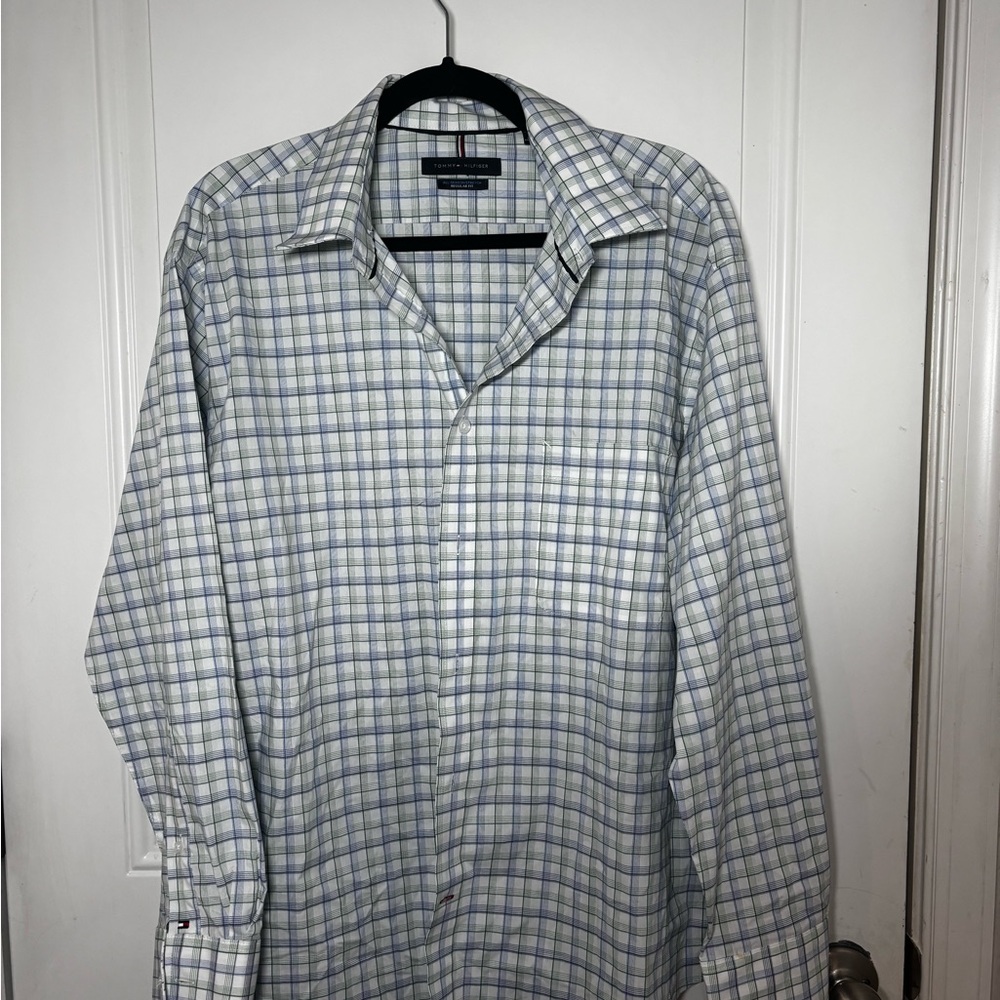 Tommy Hilfiger Men’s Checkered Button-Down Shirt – Blue & Green Plaid